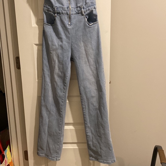 Tube top long pants denim jumpsuit - Picture 2 of 8